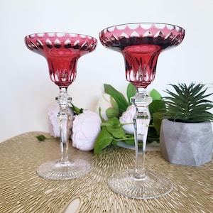 2x Rare find Vintage Cut-to-Clear Crystal Champagne Coupes in Ruby Red