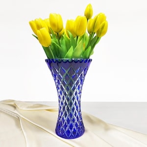 Vintage Hand Cut Blue Vase – Tall  25,3cm Elegant Cut-to-Clear Bohemian Style
