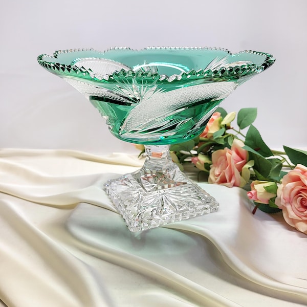 Vintage Emerald Green Cut to Clear Crystal Pedestal Bowl – Large Footed Centerpiece Dish