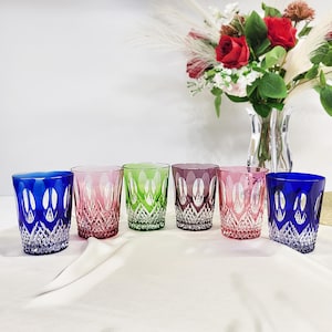 Set of 6 Vintage Cut to Clear Crystal Glasses – Blue, Cranberry Red, Green, Amethyst – 280 ml – Made in West Germany