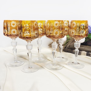 Cut to Clear Crystal Wine Glasses Set – yellow color, Hand-Cut, Vintage German Crystal Goblets