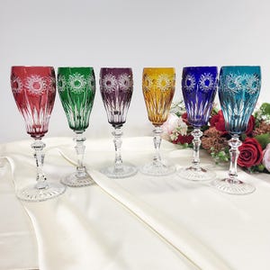 Vintage Hand Cut Crystal Champagne Flutes – Multicolor Set of 6
