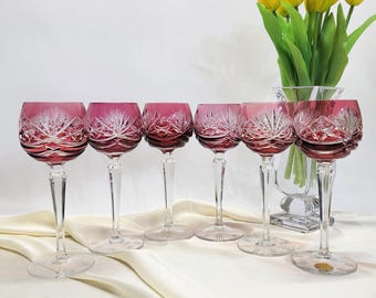 Nachtmann Ruby Red Crystal Wine Glasses Set of 6 – Hand Cut, Vintage Elegance