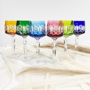 Rare set of 6 Vintage Cut-to-Clear Crystal Glasses – Mixed Colors incl. Aquamarine