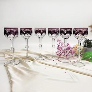Amethyst Crystal Goblet Set of 6 – Elegant Cut-to-Clear Wine Glasses with Unique Stems