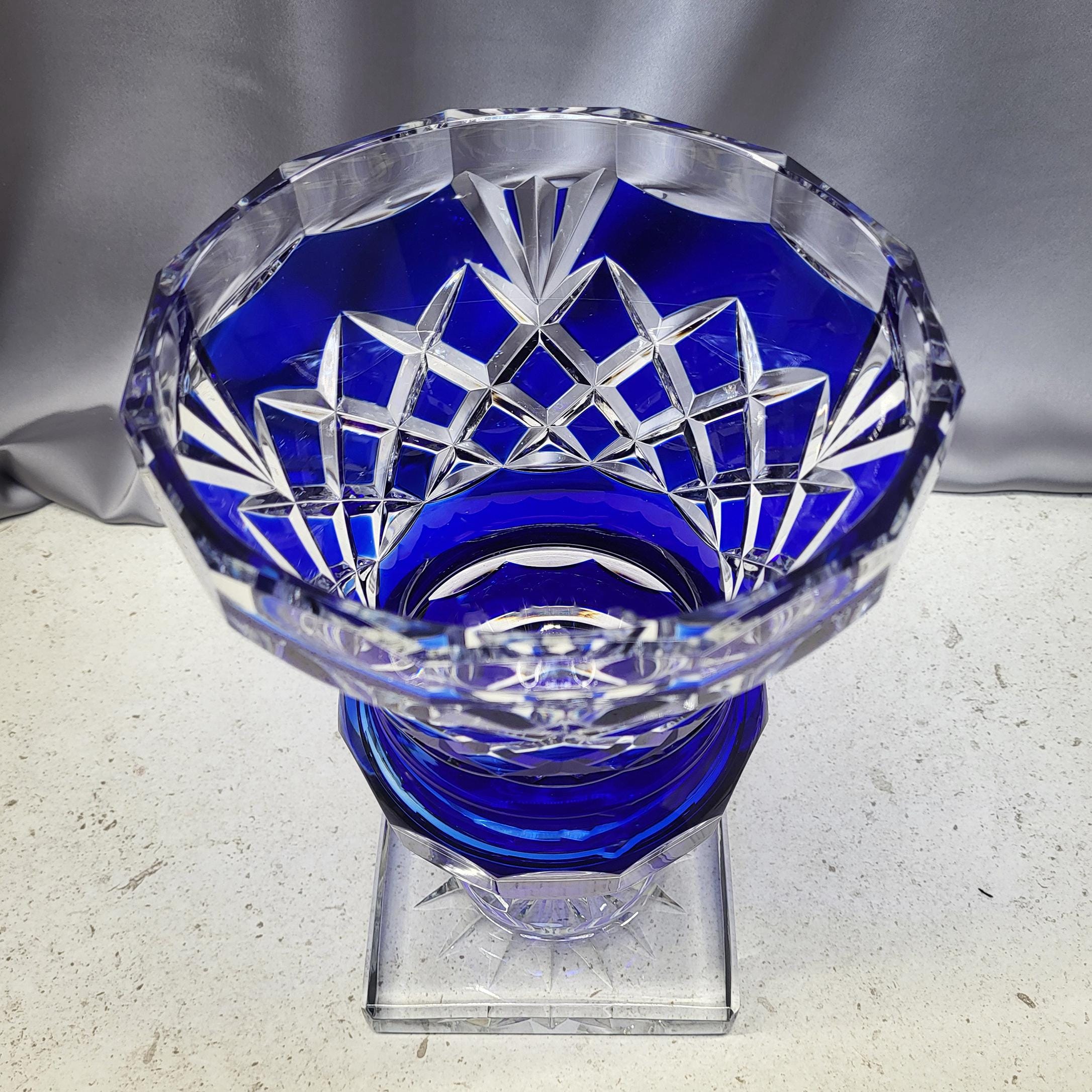 Val Saint Lambert Blue Cut to Clear Crystal Vase on Foot Signed