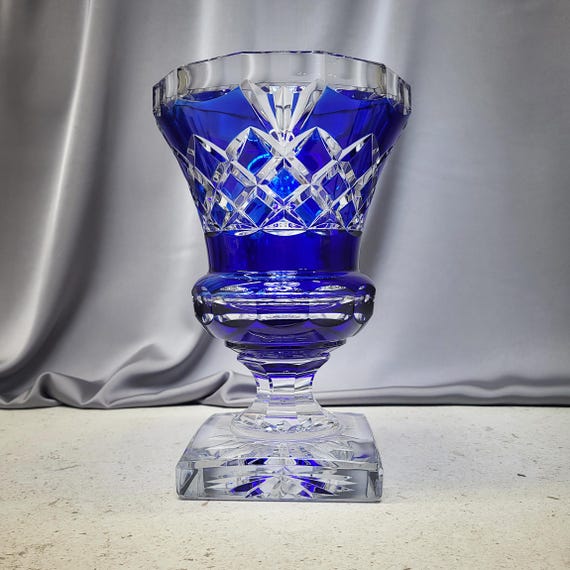 Val Saint Lambert Blue Cut to Clear Crystal Vase on Foot Signed Luxury Glass