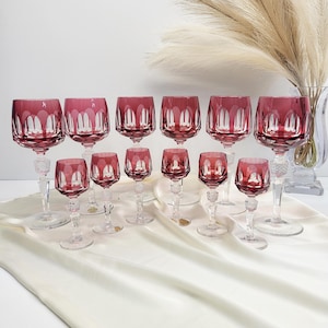Nachtmann Antika Cranberry red Crystal Goblets and liqueur Glasses Set – 12 Piece Single Color Collection