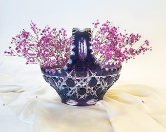 Vintage Amethyst Crystal Basket Vase: Hand-Cut Glass Centerpiece