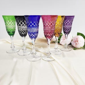 Vintage Hand Cut Crystal Champagne Flutes – Multicolor Set of 6