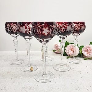 Nachtmann Traube Ruby Red Crystal Wine Glasses Set of 6 – Hand Cut, Vintage Elegance, 200 ml