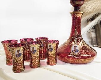Vintage Persian Decanter Set: Hand-Painted Ruby Red & Gold Qajar Portrait