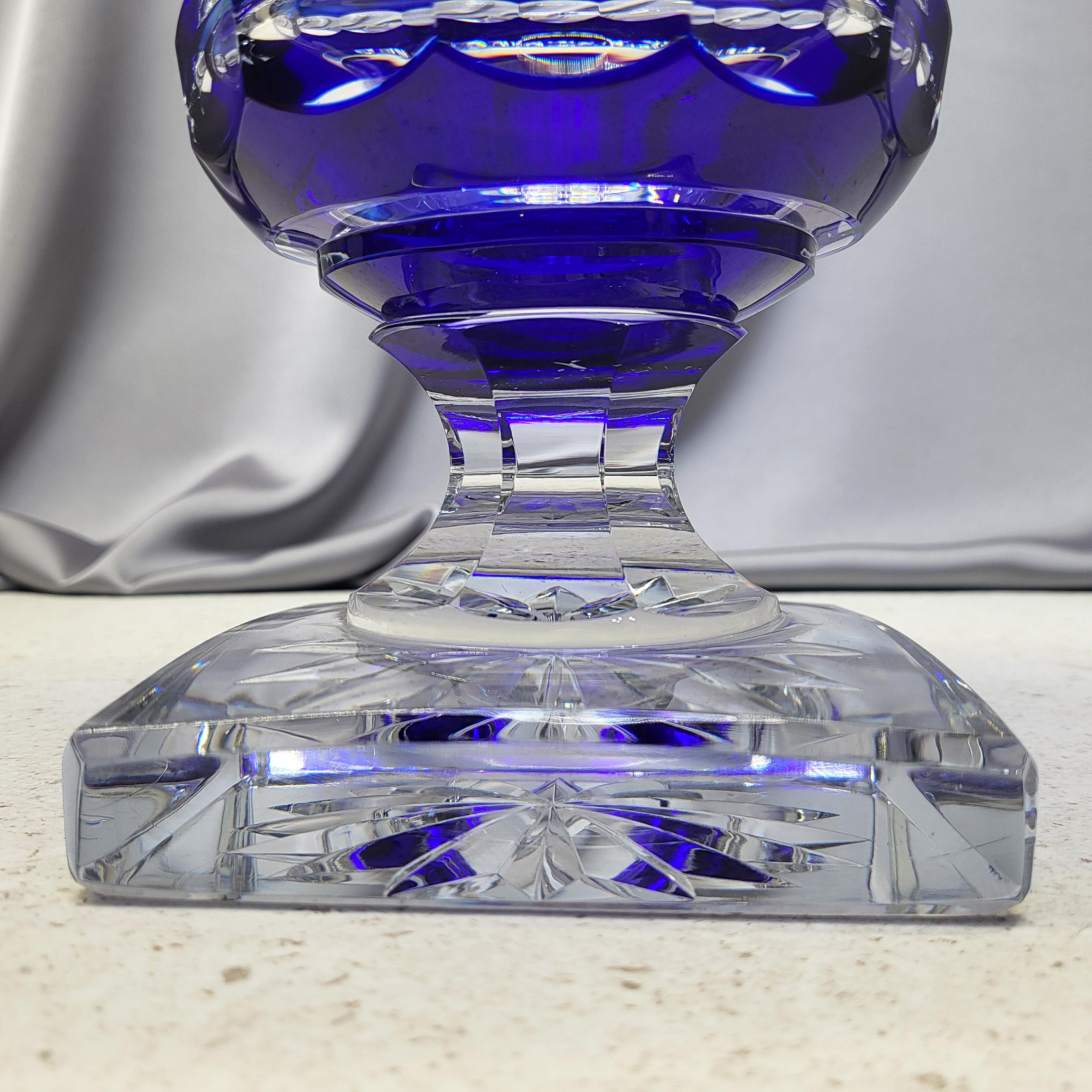 Val Saint Lambert Blue Cut to Clear Crystal Vase on Foot Signed