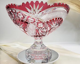 Vintage Cranberry red Cut to Clear Crystal Pedestal Bowl – Large Footed Centerpiece Dish