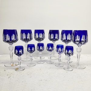 Nachtmann Antika Cobalt Blue Crystal Goblets and liqueur Glasses Set – 12 Piece Single Color Collection