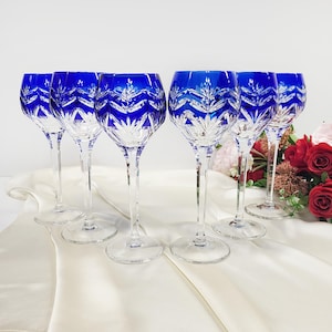 Dorotheenhütte Crystal Cut to Clear Wine Glasses set of 6 Vintage Rare Single Color Collection Cobalt Blue Excellent condition