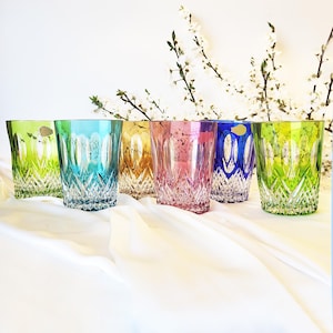 Set of 6 Vintage Cut-to-Clear Crystal Glasses – Mixed Colors incl. Rare Aquamarine Original Stickers Beyer