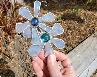 Sun catcher - stained glass art - garden art - stained glass - glass gift - home decor gift - garden decor - whimsical- flower art - blue