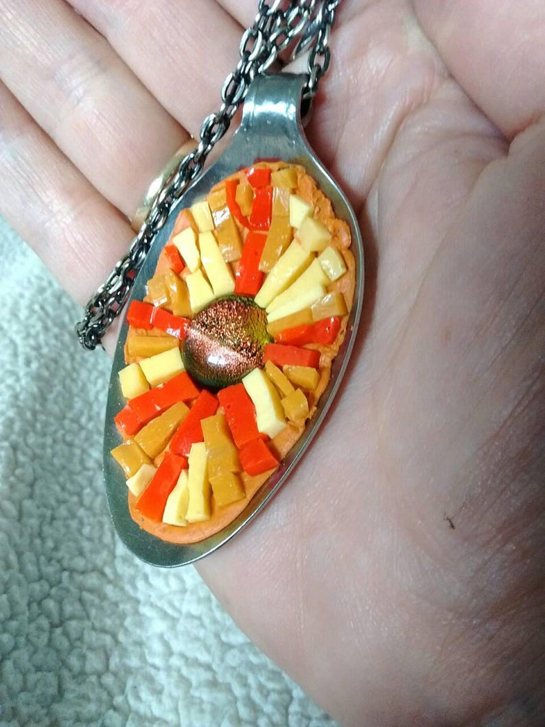 Mosaic pendant upcycled jewelry spoon pendant orange red yellow mosaic jewelry pendant and chain sun mosaic lover mosaic image 4
