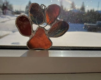 pet paw print ornament- stained glass paw print- pet lover - pet memorial - cat lover - dog mom -pet paw print gift - brown- blue -glass art