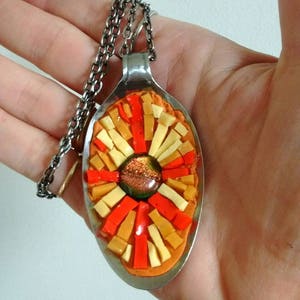 Mosaic pendant upcycled jewelry spoon pendant orange red yellow mosaic jewelry pendant and chain sun mosaic lover mosaic image 5