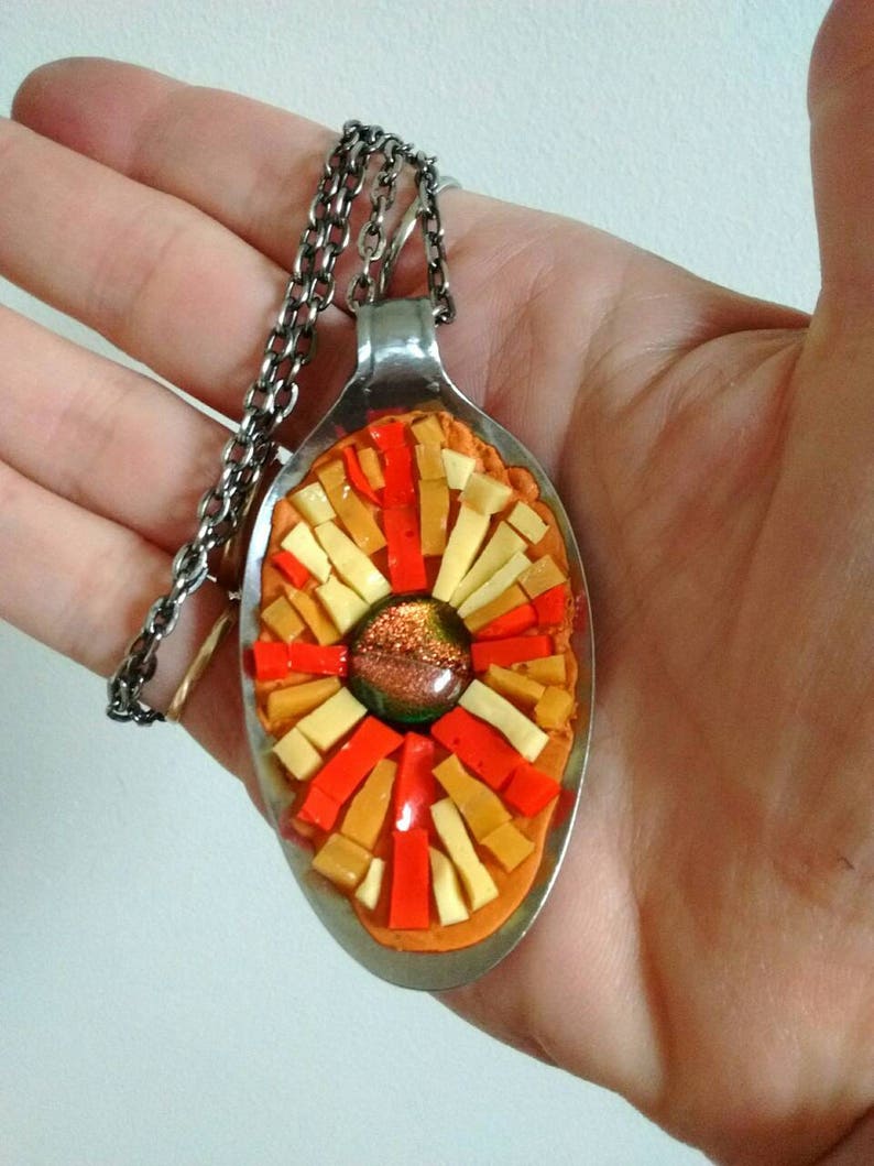 Mosaic pendant upcycled jewelry spoon pendant orange red yellow mosaic jewelry pendant and chain sun mosaic lover mosaic image 5