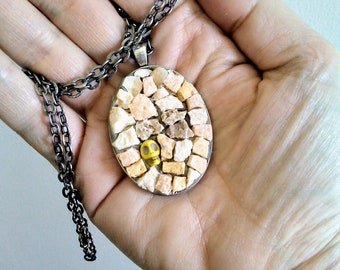 Skull pendant- natural stone jewelry - mosaic art necklace - skull lover - neutral necklace- beige - mosaic pendant- oval - neck art