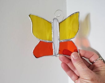 Butterfly - yellow - stained glass art- orange garden art - stained glass - glass gift - home decor - garden decor - whimsical art- grey