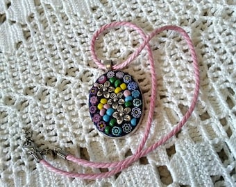 Unique jewelry - mosaic pendant - flower- jewelry - yellow - pink - oval pendant- mosaic jewelry - pendant and chain - blue - mosaic art