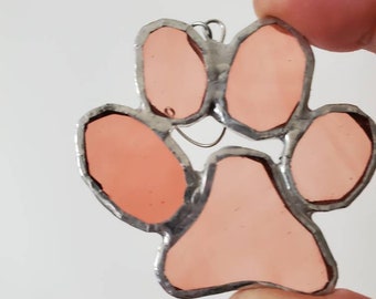 Coral - pink - glass art gift - pet paw print ornament- stained glass paw print- pet lover - pet memorial - dog lover - dog mom - pet gift