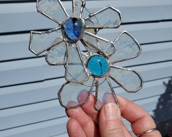 Sun catcher - stained glass art - garden art - stained glass - glass gift - home decor gift - garden decor - whimsical- flower art - blue