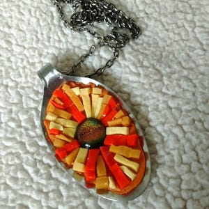 Mosaic pendant upcycled jewelry spoon pendant orange red yellow mosaic jewelry pendant and chain sun mosaic lover mosaic image 3