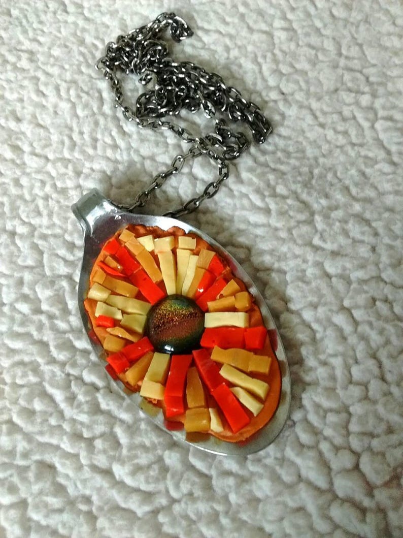 Mosaic pendant upcycled jewelry spoon pendant orange red yellow mosaic jewelry pendant and chain sun mosaic lover mosaic image 3