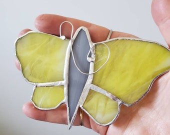 Butterfly - yellow - stained glass art- glass art - garden art - stained glass - glass gift - home decor - garden decor - whimsical- grey