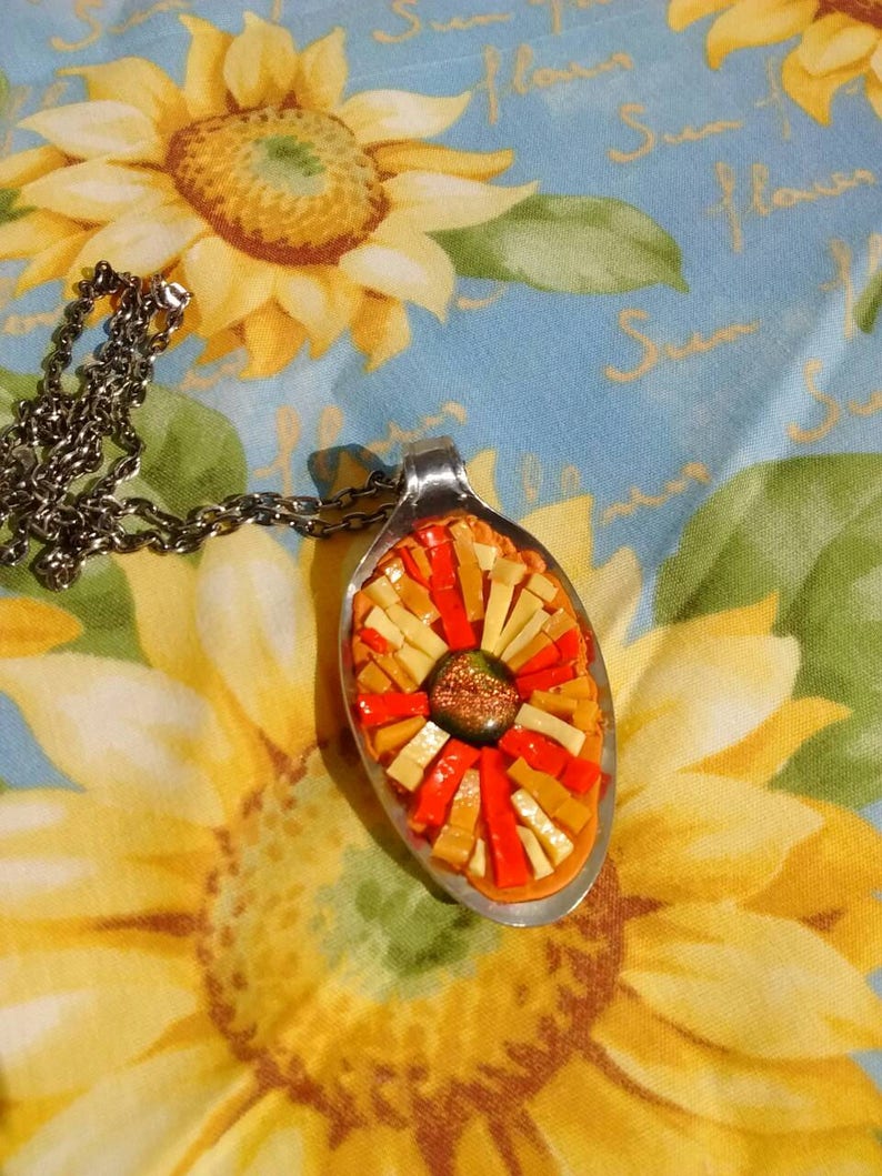 Mosaic pendant upcycled jewelry spoon pendant orange red yellow mosaic jewelry pendant and chain sun mosaic lover mosaic image 1