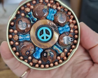 Peace - mosaic - mosaic art - steampunk art - small gift - small art - upcycle art - copper- blue- bead mosaic- sparkle - round - lid - jar