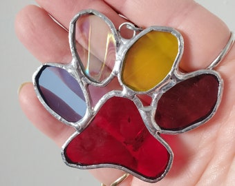 Rainbow -glass art gift - pet paw print ornament- stained glass paw print- pet lover - pet memorial - dog lover - dog mom -pet paw print