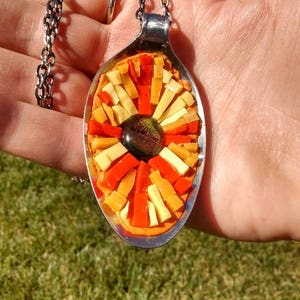 Mosaic pendant upcycled jewelry spoon pendant orange red yellow mosaic jewelry pendant and chain sun mosaic lover mosaic image 2