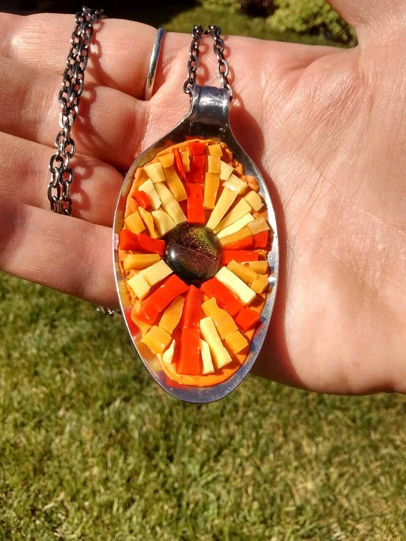 Mosaic pendant upcycled jewelry spoon pendant orange red yellow mosaic jewelry pendant and chain sun mosaic lover mosaic image 2