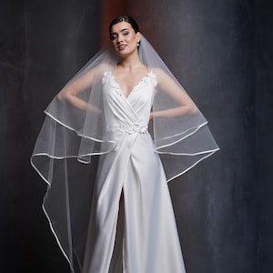 Two Tier Wedding Veil, Italian Tulle Bridal Veil with Satin Ribbon Edge