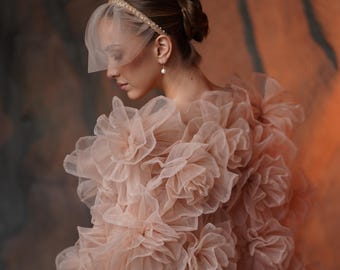 Mantella da sposa lunga in tulle con velo e strascico fluente, mantello da sposa trasparente lungo fino alla cattedrale per la cerimonia nuziale