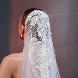 Puede incluir: Un velo de novia blanco con intrincados detalles de encaje y perlas dispersas. El velo está sujeto a una diadema con perlas. El diseño presenta patrones florales y de cachemira, creando un aspecto elegante y romántico.