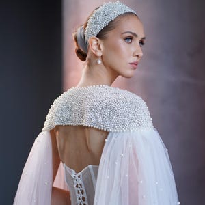 Tulle bridal cape with pearl embellished shoulders and long train, Elegant sheer wedding cape for bride, Includes matching pearl headband