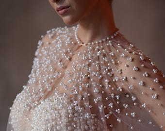Cappuccino Pearl Bridal Cape, Long Tulle Wedding Cape