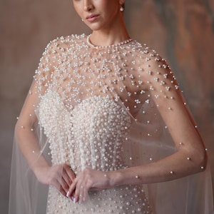 Bridal Cape with Pearls and Sheer Tulle Cathedral Length, Elegant Wedding Cape Overlay, Long Beaded Shoulder Cover for Bride