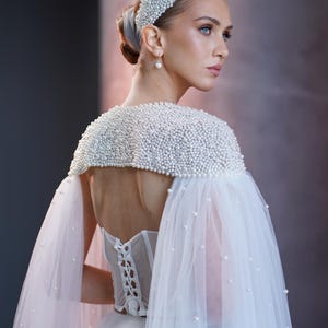 Bridal Cape with Pearls, Sheer Tulle Shoulder Cover Up, Wedding Cape Accessory for Bride