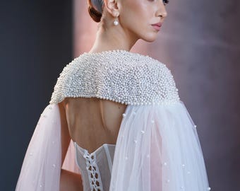 Cape de mariée avec perles, cache-épaules en tulle transparent, accessoire de cape de mariage pour mariée