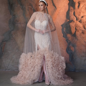 Bridal Pearl Cape, Long Tulle Wedding Cape, Beaded Bridal Overlay, Pearl Embellished Train, Detachable Cape for Bride Wedding Shoulder Cover