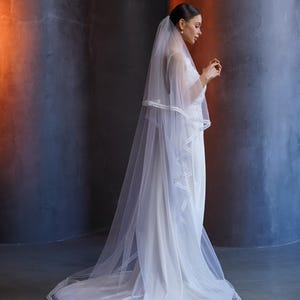Blusher veil with Pearl Edge, Delicate Charm Full Width Veil, Cathedral Wedding Veil With Velvet Ribbon Edge, Pearl Beaded Bridal Accessory