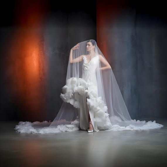 Bridal Veil Luxe Italian Tulle With 4D Flowers and Pearls  display picture 1